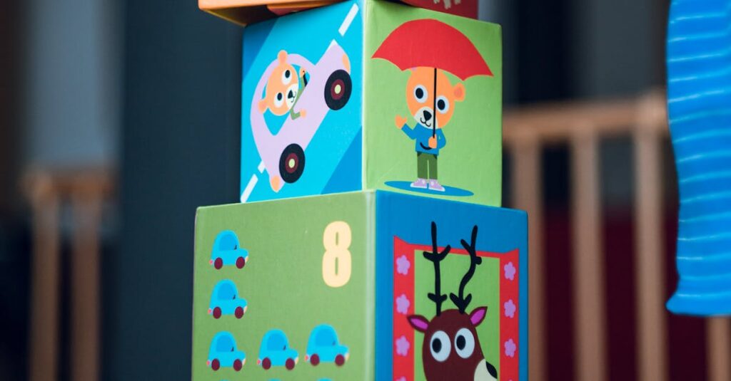 A child playing indoors, stacking colorful wooden toy blocks with joyful illustrations.